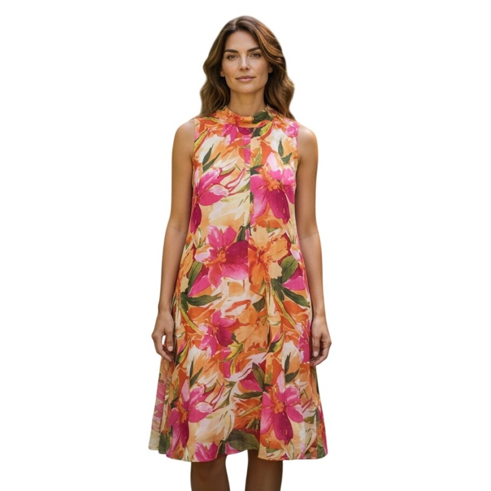 Signature by Robbie Bee Floral Chiffon Dress Womens 14 Pink Orange Tropical